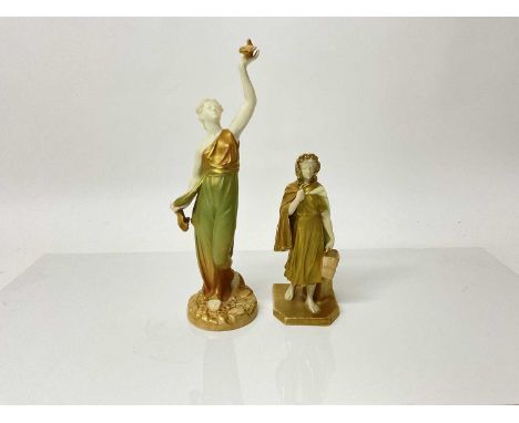 Two Royal Worcester figures - lady holding a dove and lady with bag, tallest is 26cm high, the other is 16.5cm high