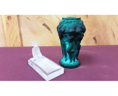 Art Deco style Czech Desna green glass vase with relief moulded decoration depicting dancing nude female figures, 12.5cm high