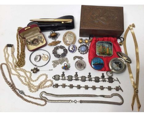 Charles Horner silver bangle, various silver brooches, two Continental silver (800) bracelets, gold plated Sheaffer pen, WWI 