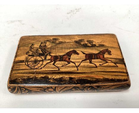 Rare Victorian Mauchline ware snuff box, with a penwork carriage driving scene, the outside with foliate patterns, 8.5cm acro