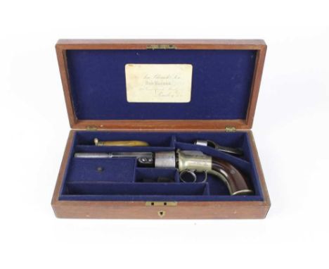 Victorian percussion transitional revolver with two stage barrel, German silver frame with engraved decoration and rosewood g