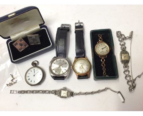 Silver cased fob watch, two ladies vintage marcasite cocktail watches, gold plated Ingersoll Gem, Tissot Seastar Automatic, N