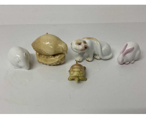 Five Royal Worcester model animals including tortoise, rabbit, mouse etcGood overall condition. The tortoise tail has been re