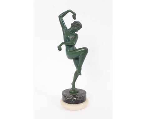 Art Deco green-patinated metal figure of a nude woman dancing, on marble base, signed 'Denis' and 'Made in France' to base, p