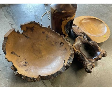 Large turned wooden lamp, with shade, together with a collection of turned wooden bowls and other items