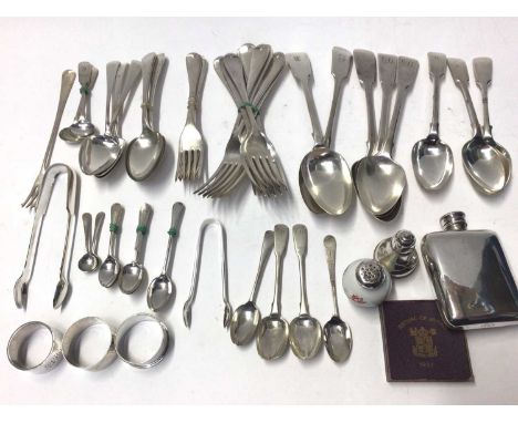 Three Georgian fiddle pattern table spoons, together silver napkin rings, other silver flatware and quantity of plated flatwa