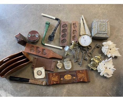 Killarney inlaid book slide, together with antique gingerbread moulds, Japanese papier mâché card box, set of bowls, antique 