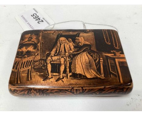 Rare Victorian Mauchline ware snuff box, with a penwork scene entitled 'John Anderson my Jo', the outside with foliate patter