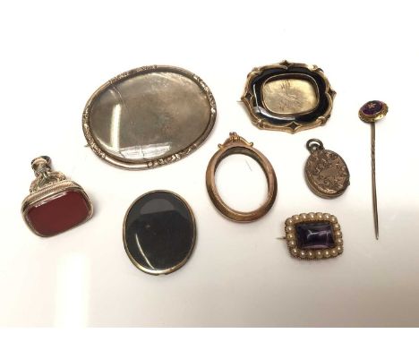 Group antique jewellery including Victorian mourning brooches, seed pearl and purple glass brooch, 9ct gold oval mount, carne