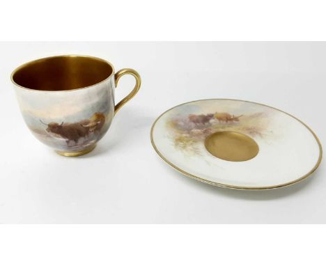 Royal Worcester cabinet cup and saucer with hand painted decoration depicting Highland cattle, signed J.StintonCup and saucer