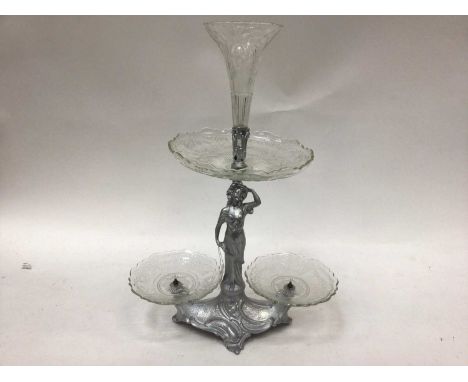 Art nouveau glass and silver-painted figural centre piece, 52cm high
