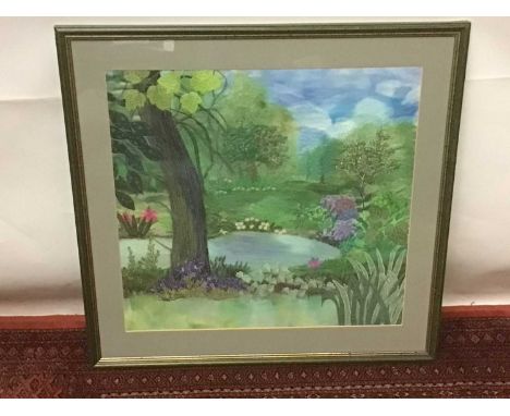 Fabric art picture, water colour, applique and embroidery garden scene. 60x60cm approximately.