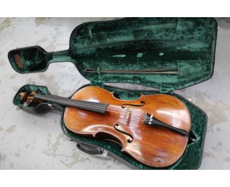 Late 19th century German cello, recently refurbished, together with bow, casedLength of back 76.6cm including button. Length 