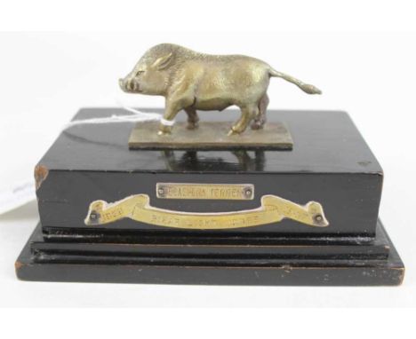 1940's Indian Army trophy depicting a Boar mounted on an ebonised wood base with applied plaques named 'Bihar Light Horse 186