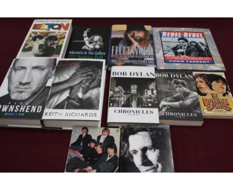 Three boxes of music related items including books, DVD's videos and magazines featuring Rolling Stones, Bob Dylan, The Who a