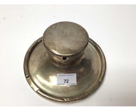 Large silver capstan inkwell with engraved initials to lid, 17.5cm diameter. (Birmingham 1916)