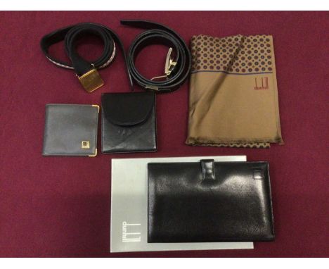 Dunhill Accessories including silk scarf new in cellophane, boxed black leather wallet, grey leather credit card case, black 