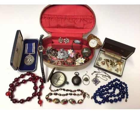 Two silver gem set pendants, Wedgwood Jasperware pendant on silver chain, vintage bead necklaces, brooches, two wristwatches,
