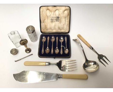 Set six Goldsmiths &amp; Silversmiths silver coffee spoons in fitted case (London 1935), miniature silver spill vase, silver 