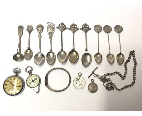Collection of silver and plated military related teaspoons, WWII pocket watch marked with crows foot, G.S.T.P. T 30749 XX, wh