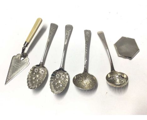 Two Georgian Old English pattern table spoons, converted into berry spoons, together with other flatware, a silver compact an