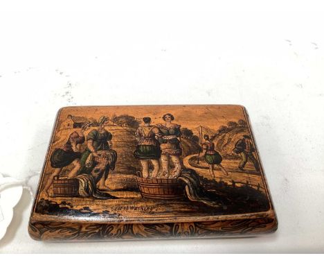 Rare Victorian Mauchline ware snuff box, with a penwork scene entitled 'Scotch Washing', the outside with foliate patterns, 8
