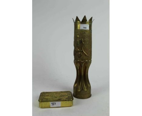 First World War Princess Mary gift tin, together with a First World War brass trench art shell case vase, 34.5cm in height (2