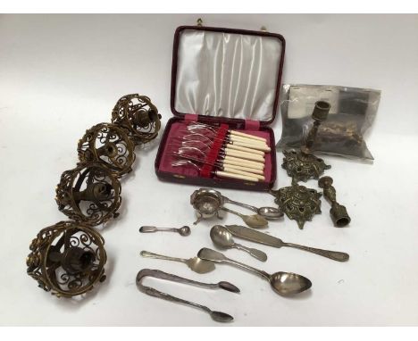 Quantity of items to include leather cases, aviation prints, brass light fittings, silver flatware etc