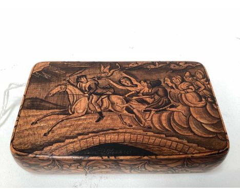 Rare Victorian Mauchline ware snuff box, with a penwork scene entitled 'Tam O'Shanter', the outside with foliate patterns, 8.