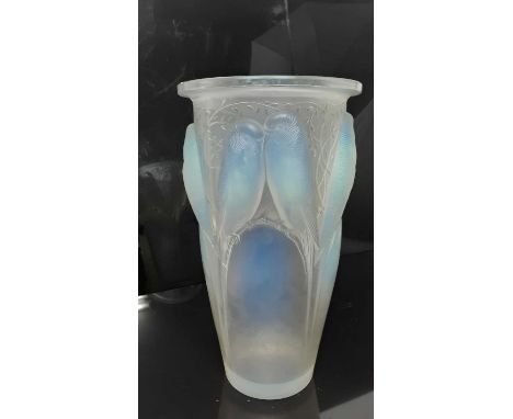 Rene Lalique Ceylan pattern opalescent glass vase, moulded with parakeets on branches, signed on base, 24cm highIn good overa