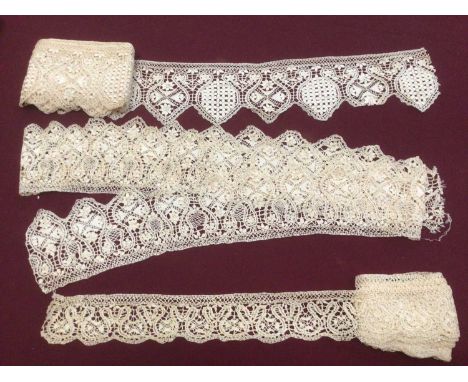 Box of lace including bobbin lace large fall cap, Maltese lace lengths and other items, bobbin lace wide collar and length, d