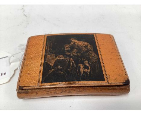 Rare Victorian Mauchline ware snuff box, with a penwork scene entitled 'The Antiquary' from Robert Burns, 7.5cm across