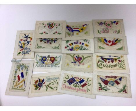 Postcards in album Military cards including WW1 Silk Embroidered Cards (13), real photographic Bridge Building Chatham, Xmas 