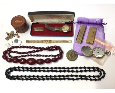 Simulated cherry amber bead necklace, other jewellery, watches, coin penknife, Dunhill gold plated lighter and one other