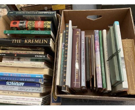 Two boxes of art reference books, including George Cruickshank by William Bates, 1879 2nd edition, with presentation inscript