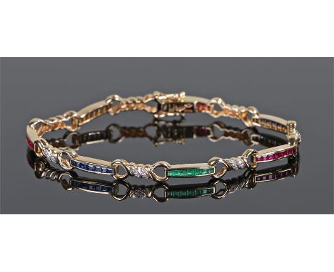 14 carat gold, emerald, sapphire, ruby and diamond set bracelet, with linked rows of the gem stones with diamond set links, 1