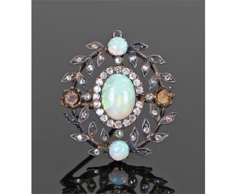 Late 19th Century opal and diamond set brooch, with a central opal and diamond surround, leaf edge, AF, 30mm high