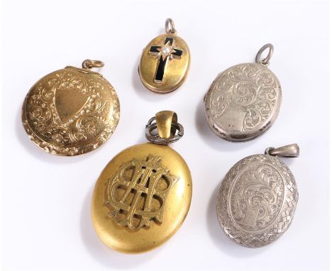 Collection of lockets, to include two silver examples, an example with a black enamel cross and pearl, an example with a mono