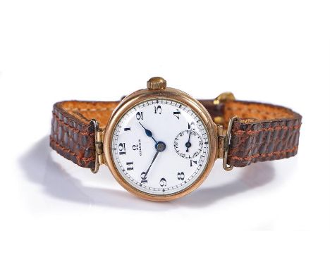 Omega 9 carat gold ladies wristwatch, the signed white enamel dial with Arabic hours and subsidiary seconds, manual wound, 25