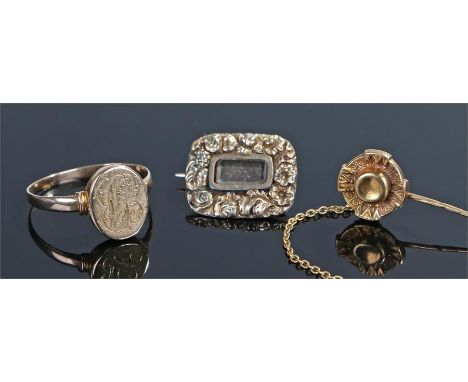 Collection of 19th Century jewellery, to include a "poison" ring with a hinged monogram front panel, together with a mourning