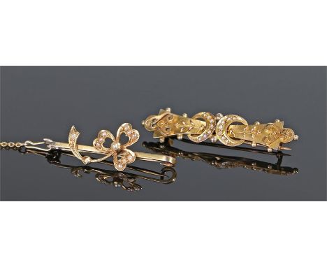 Two 9 carat gold brooches, both set with pearls, one in the form of a bow and the second with crescent moons, (2)