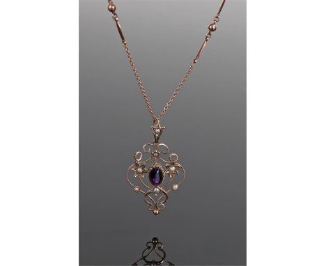 9 carat gold pearl and amerthyst set pendant necklace, the pendant with a central oval amerthyst with leaf surround centred b