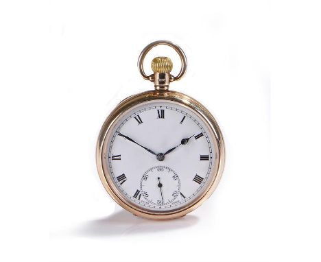 9 carat gold open face pocket watch, the white enamel dial with black Roman hours and subsidiary seconds dial, crown wound, c