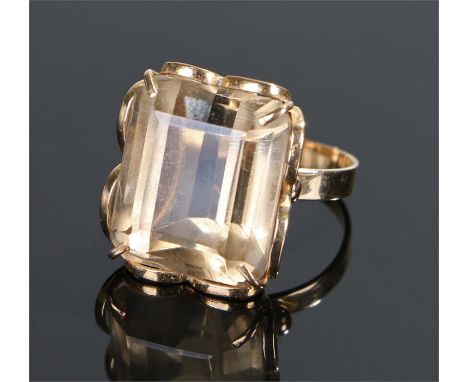 18 carat gold smoky quartz ring, with an emerald cut smoky quartz, ring size M