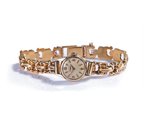 Longines ladies gold plated wristwatch, the signed champagne dial with Arabic hours, manual wound, with an attached gold brac