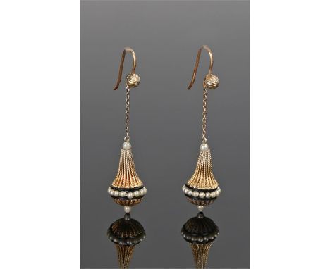 Pair of pearl and enamel earrings, with a tapered body and pearl and enamel surround, 40mm long