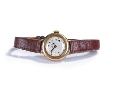 J W Benson 9 carat gold ladies wristwatch, the signed white enamel dial with Arabic hours, manual wound, case 25mm diameter 