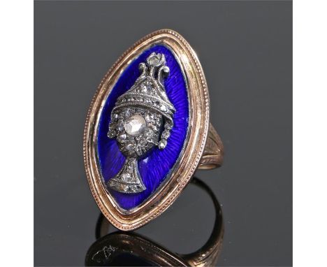 19th Century mourning ring, the diamond urn set head on a blue enamel ground, ring size M
