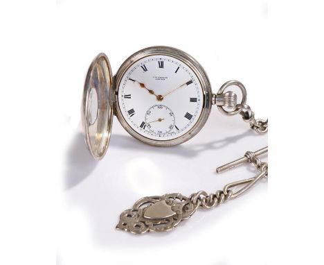 J W Benson silver half hunter pocket watch, the outer enamel dial with internal white enamel dial with Roman hours and subsid