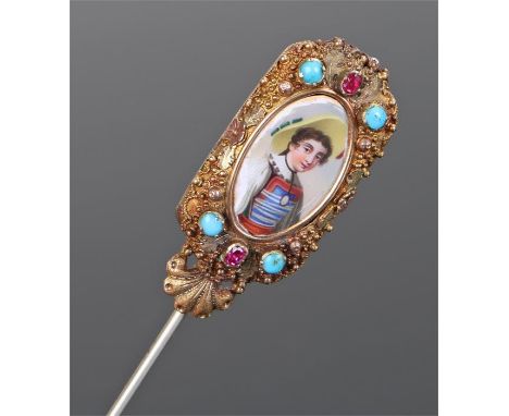 19th Century enamel locket, the sealed locket with an enamel picture of a lady with a hat and turquoise and ruby set frame an